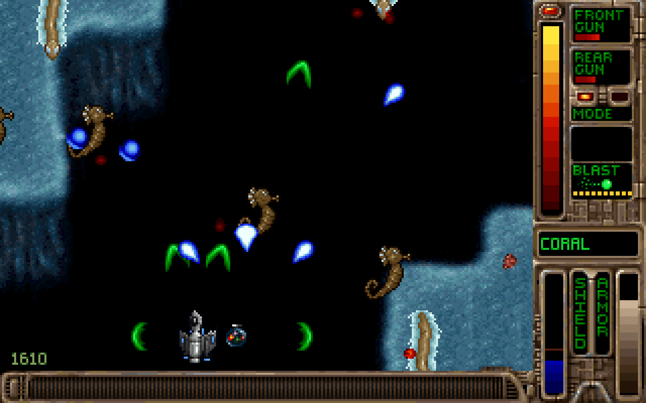 A screenshot of Coral, one of the levels added in Tyrian 2000, running in OpenTyrian2000.