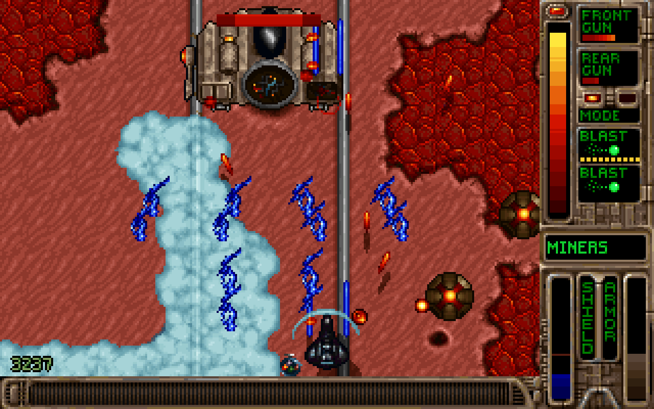 A screenshot of Miners, one of the levels added in Tyrian 2000, running in OpenTyrian2000.