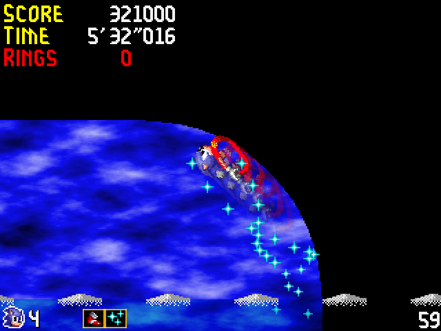 Engine screenshot, showing running along a curved wall with invincibility and super sneakers active.